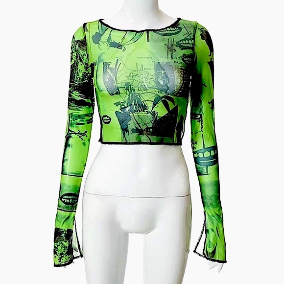 Green mesh fangs long flare sleeve crop top - Picture 12 of 14